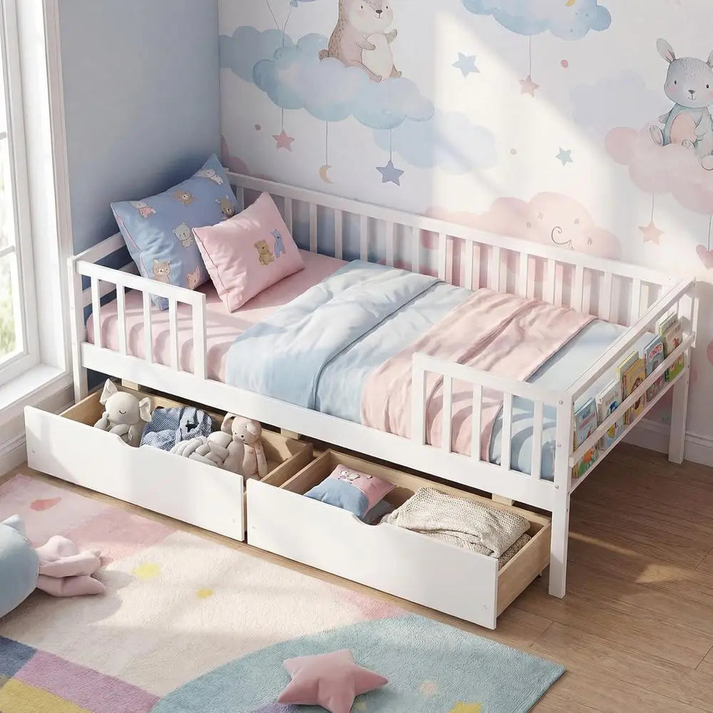Twin Bed with Side Rails & 2 Pull-Out Drawers