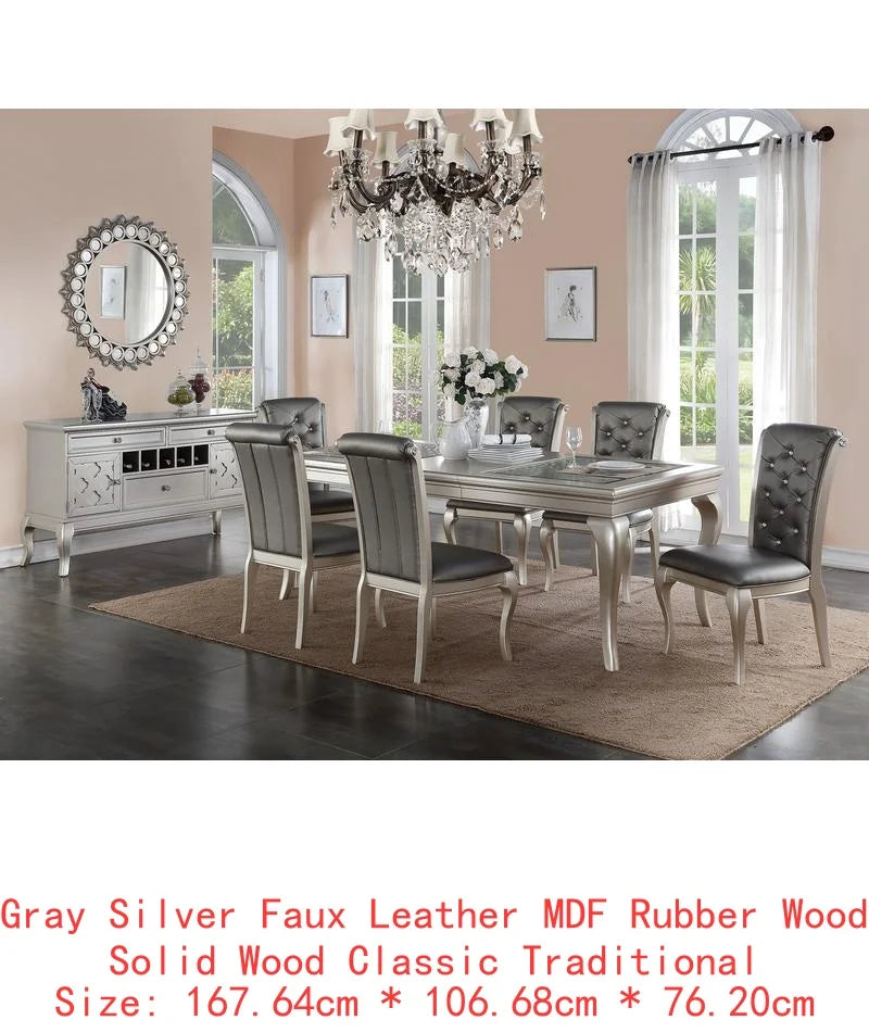 Rect. Glass Dining Table Set w/ Silver Hue & 6 Tufted Side Chairs