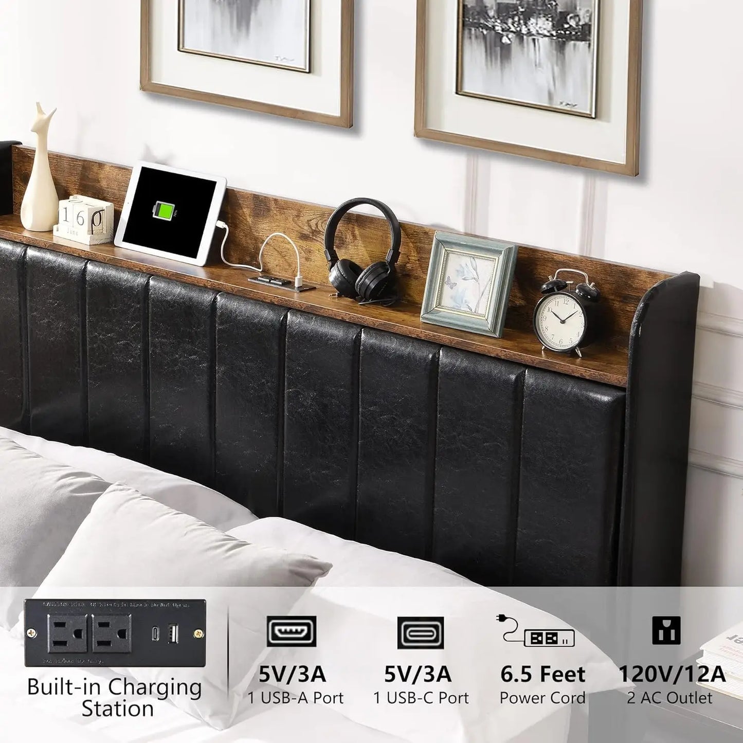 Upholstered Platform Bed Frame with Charging Station