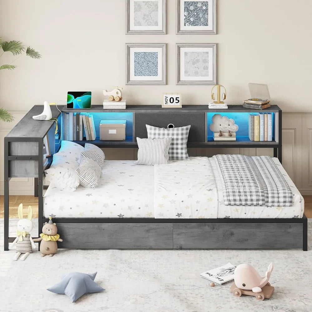 Twin Corner Bed Frame with Bookcase Headboard