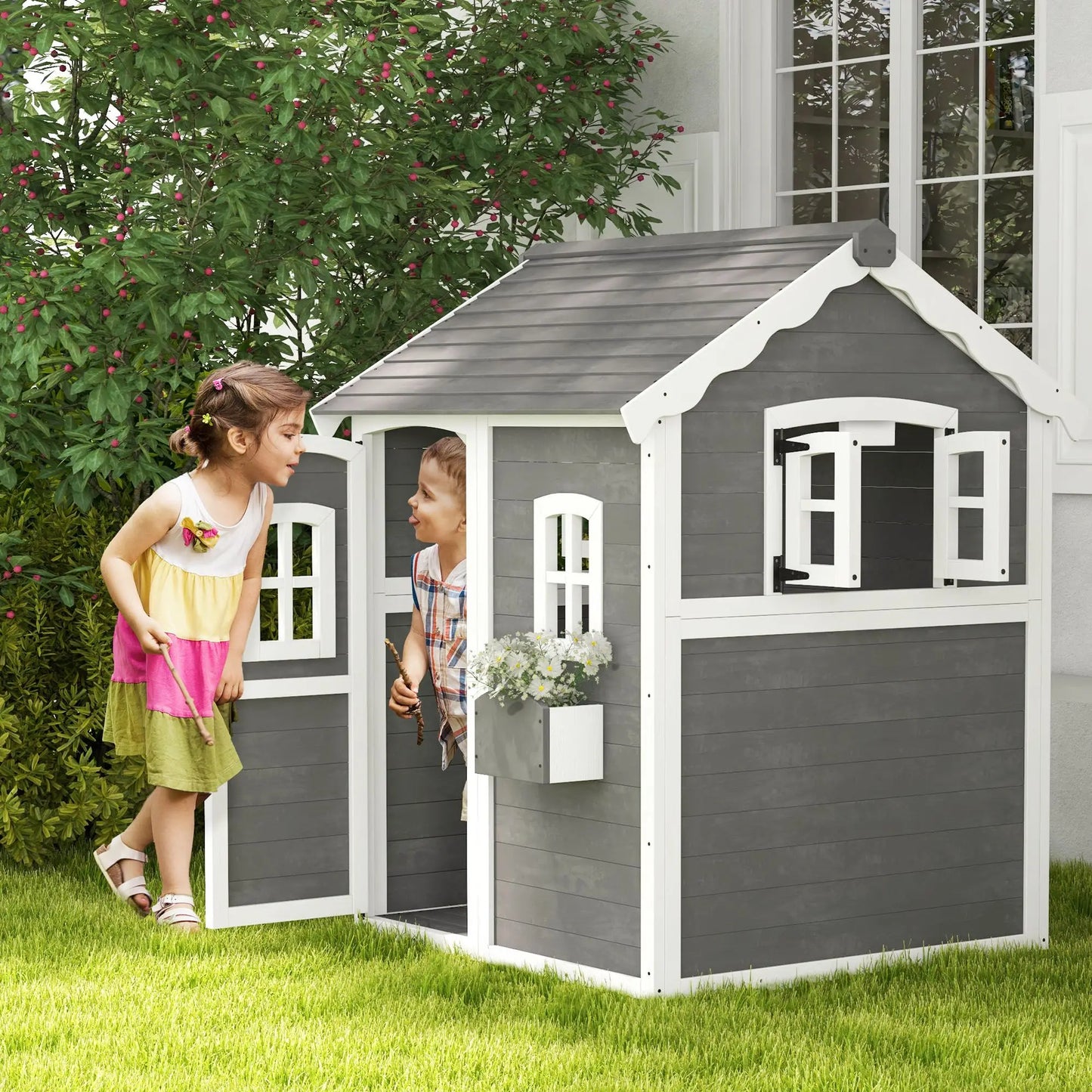 Wooden Playhouse with Floors Doors Windows It Includes Planter Box
