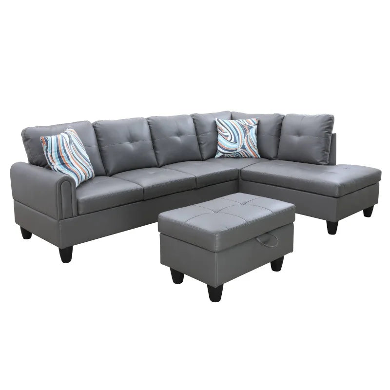 Living Room Dark Grey Faux Leather Sofa Set