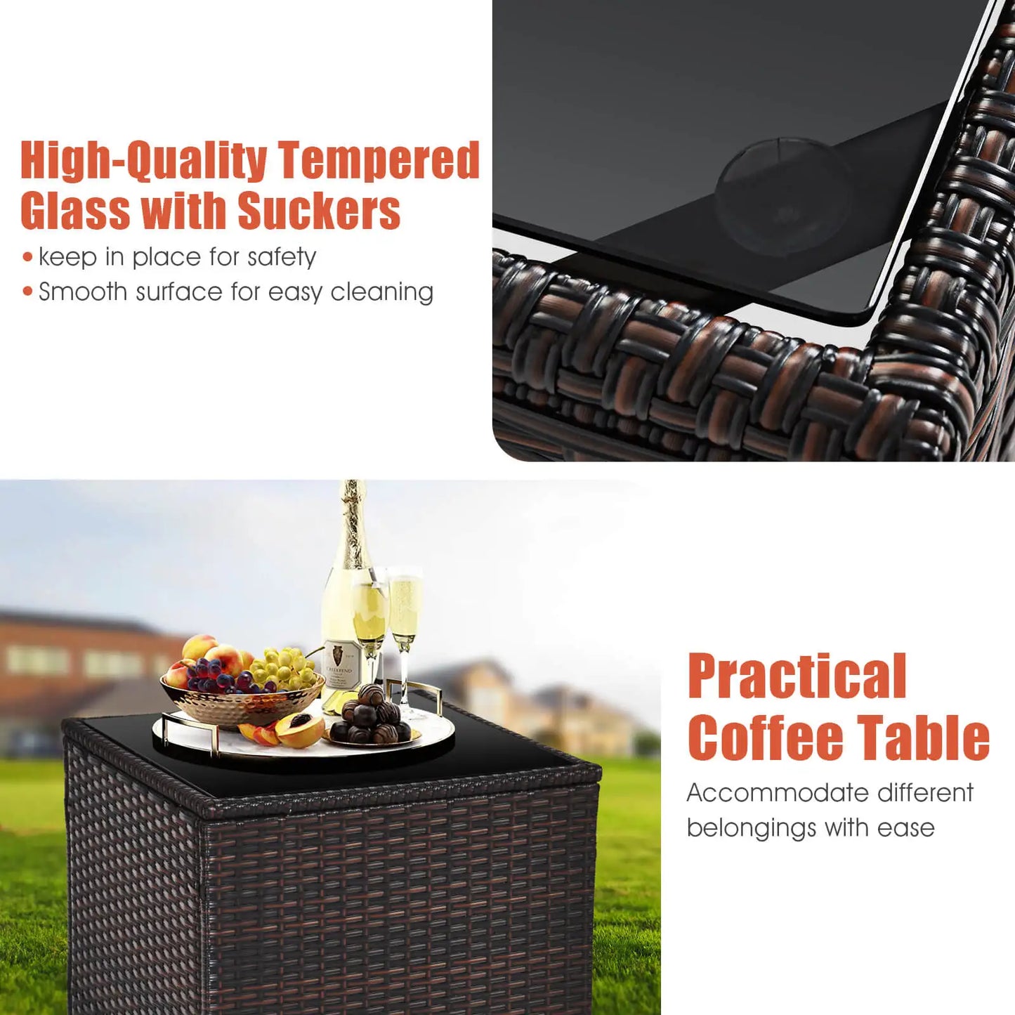 3 PCS Patio Rattan Cushioned Conversation Furniture Set