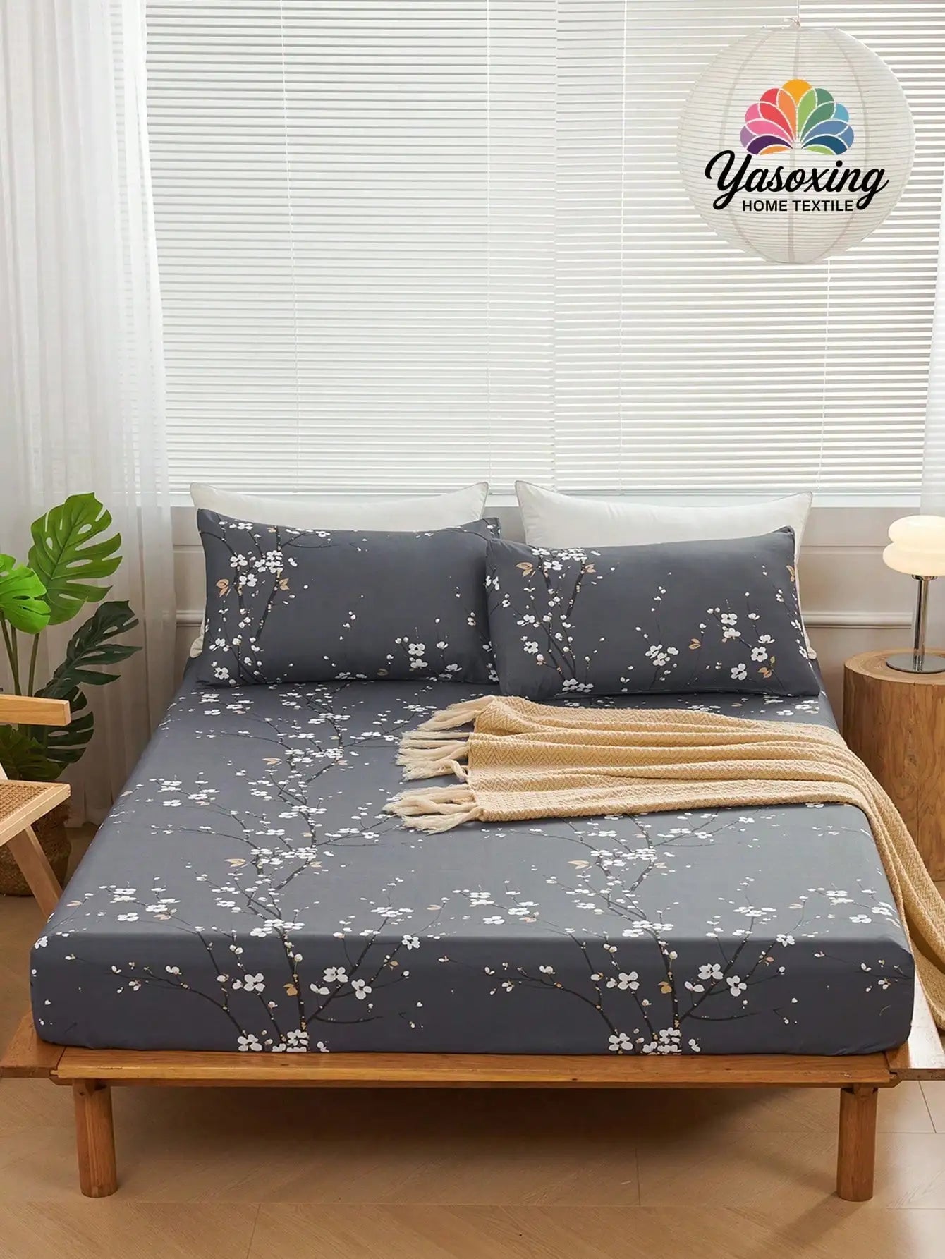 Plum Blossom Printed Fitted Sheet Set