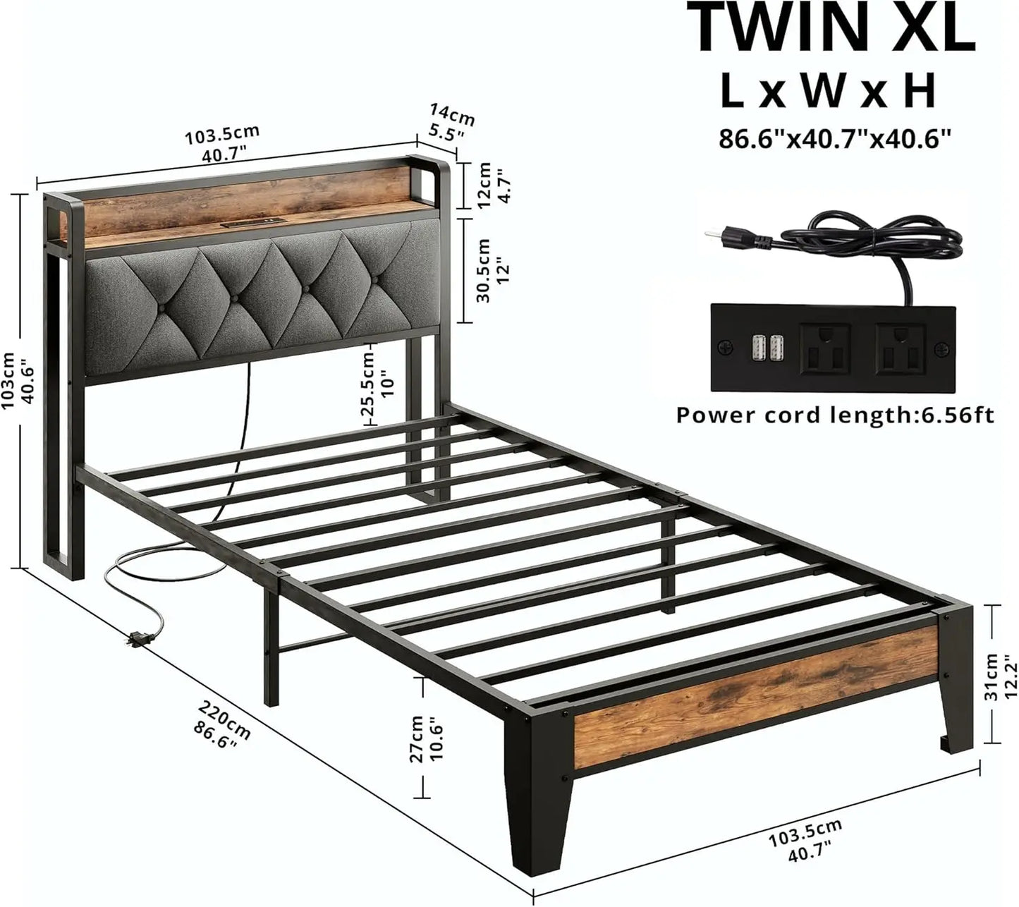 Bed Frames, Storage Headboard with Outlets, No Noise, No Box Springs Needed
