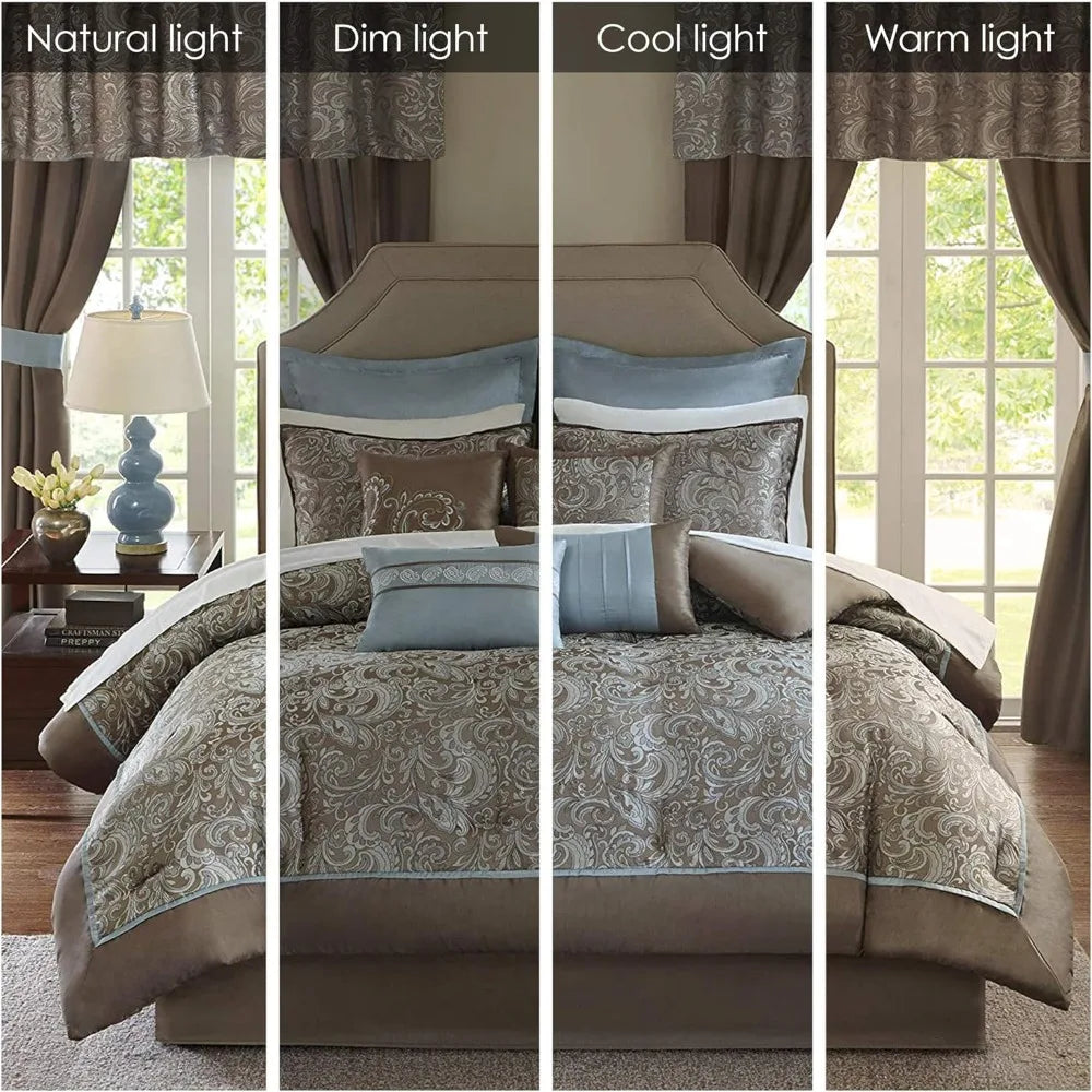 Essentials 24-Piece Faux Silk Comforter Set with Paisley Jacquard Design and Matching Curtains