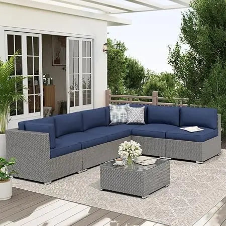 7-Piece Patio Furniture Sofa Set Rattan Wicker Sectional Conversation Sets with Glass Top Table and Cushions