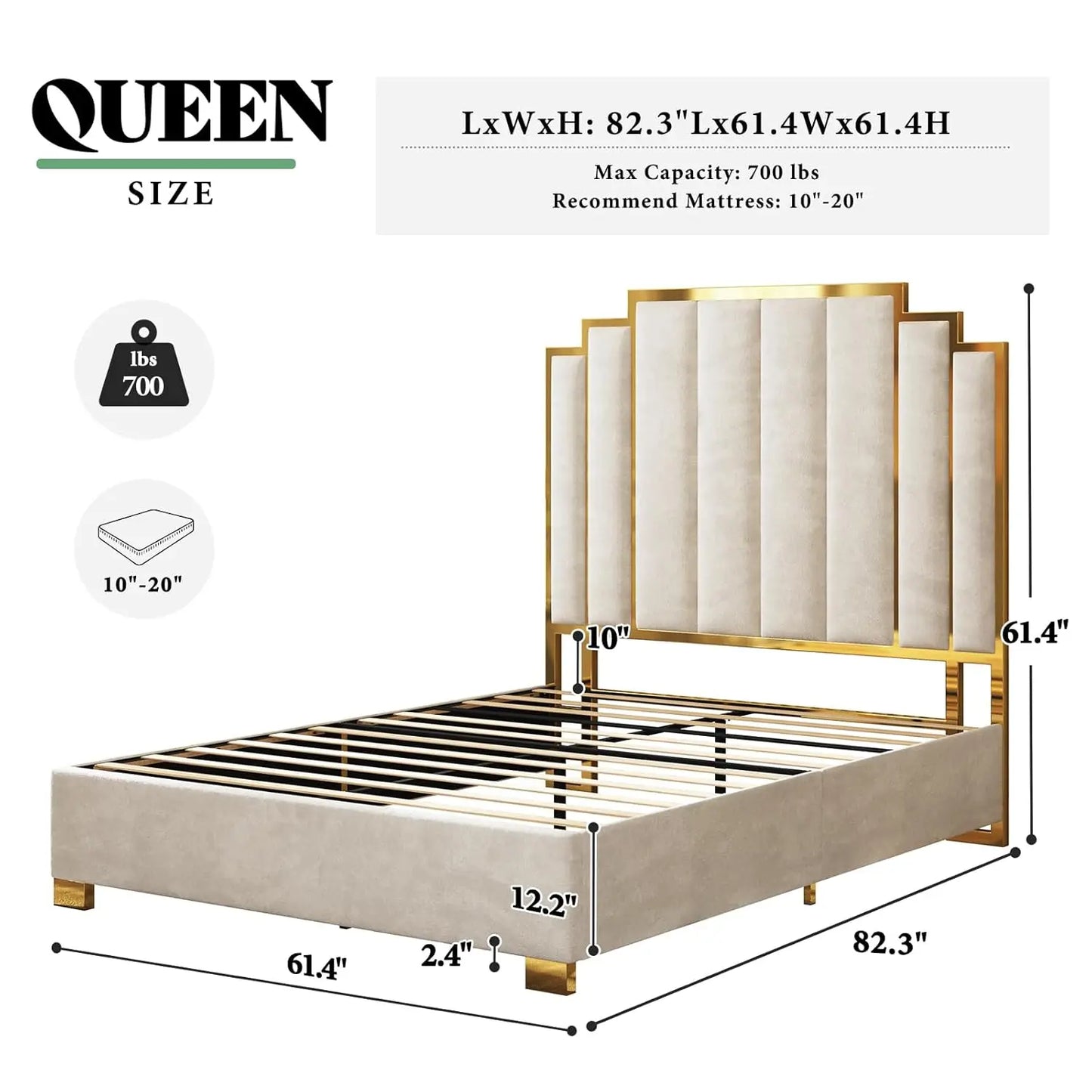Upholstered Velvet Platform Bed with Gold Trim Headboard