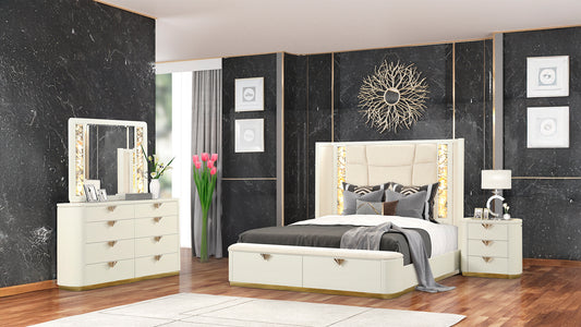 Bedroom Set with Wood Frame and Gold Accents Beige