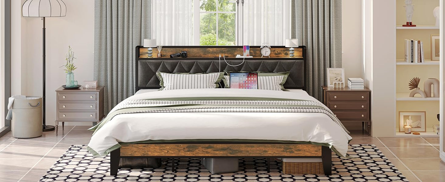Bed Frames, Storage Headboard with Outlets, No Noise, No Box Springs Needed